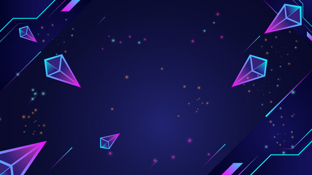 Futuristic neon space background with glowing crystals. cyberpunk digital geometric design element. sci-fi laser grid interface graphic. modern technological cyberspace template sci fi crystals
