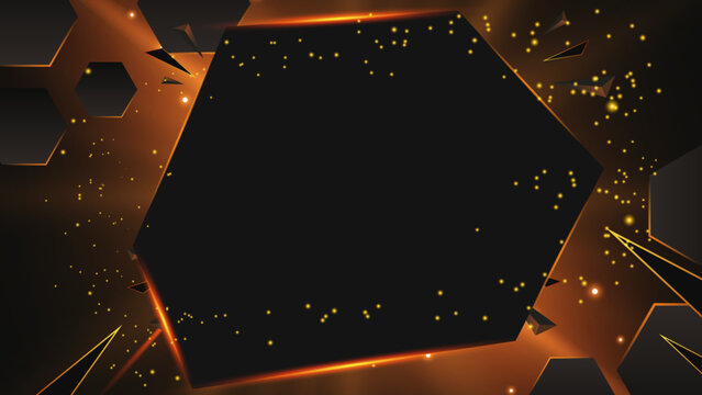 Hexagonal golden frame with glowing spark particles. dark luxury geometric abstract background. elegant tech banner design element. sophisticated modern vector template hexagonal particles