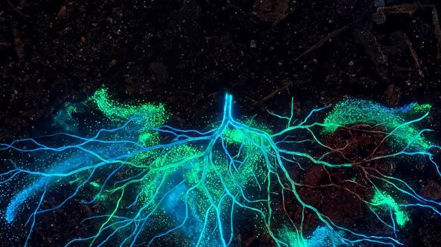 Colorful root system glowing in dark soil for nature and biology concepts