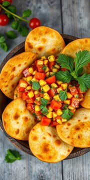 Golden brown flatbreads surround vibrant tomato and corn salsa in rustic wooden bowl, barbecue, dinner