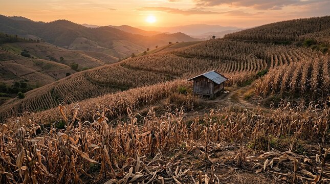 Wooden Hut on Terraced Cornfield Plantation at Sunset