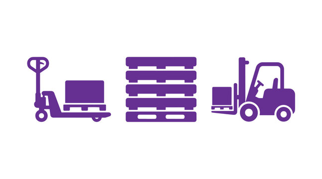 Warehouse equipment icon set showing a pallet jack stack of pallets a forklift with goods forklift warehouse logistics equipment industrial transport shipping