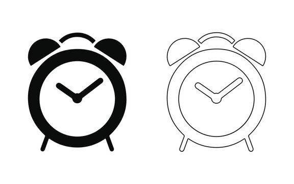 Black and white alarm clock icon set showing solid silhouette and outline graphic style for time management and schedule design