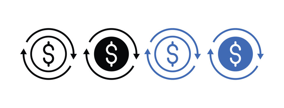 money transfer dollar sign icon set. black and blue currency exchange refund cashback transaction circular arrow symbols