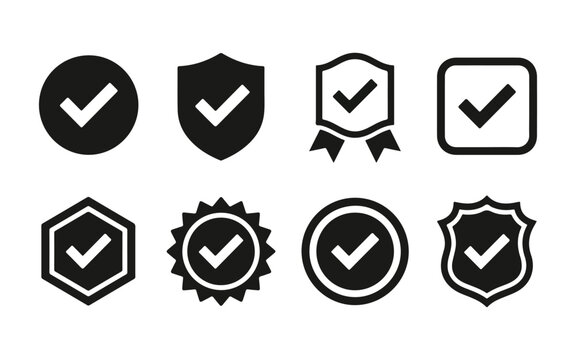 Set of black check mark icons with various shield and badge shapes isolated on a white background for business and web design