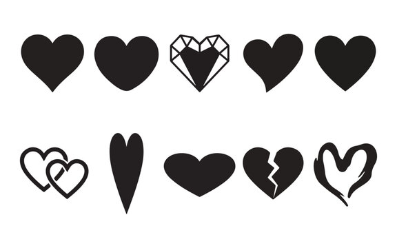 Set of black heart shape silhouettes in various styles including geometric broken and hand drawn designs for romantic graphic projects