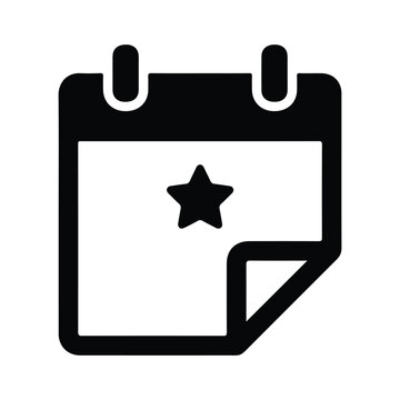 Black calendar icon with a star symbol for important date scheduling isolated on a white background