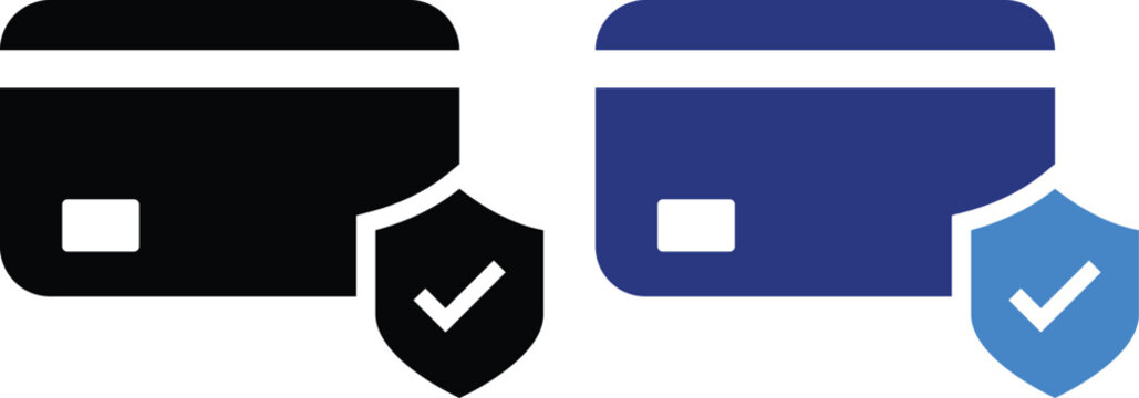 secure credit card payment icon set. black and blue bank card shield checkmark safety elements for checkout transaction