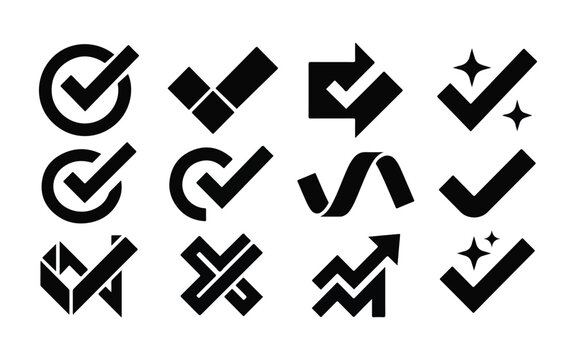 Set of black check mark icons and tick symbols for business and web design isolated on a white background
