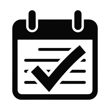 Black calendar icon with a check mark symbol representing a scheduled appointment or completed task isolated on a white background