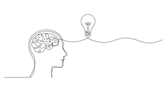 Continuous line drawing of human head profile with visible brain connected to a lightbulb thinking