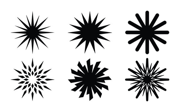 Set of black starburst and sunburst shapes isolated on a white background for creative design elements and decorative accents
