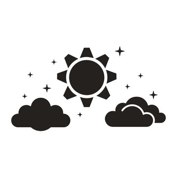 Black silhouette icon of a sun with gear shape and fluffy clouds with twinkling stars isolated on a white background