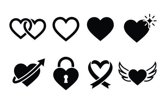 Set of black heart silhouettes and love icons isolated on a white background for valentine day wedding and romantic design projects