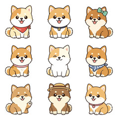 Fototapeta premium Cute Kawaii Shiba Inu Dog Japanese Breed Character Set