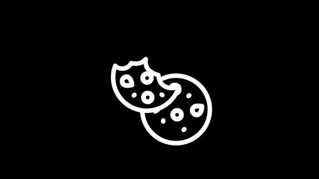 Simple white line art animation of bitten cookies on black background