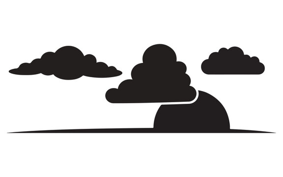 Black silhouette of a sun setting behind fluffy clouds isolated on a white background