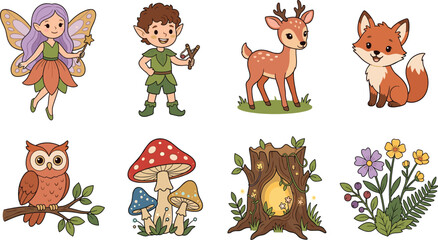 Obraz premium Cute fantasy forest character collection with fairy elf deer fox owl mushrooms and magical nature elements