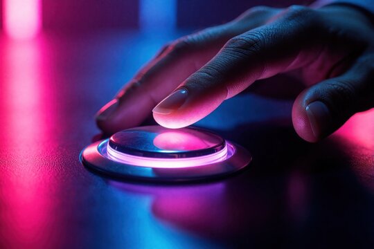 Close up of businessman hand pressing glowing electronic button. Man finger pushes luminous tech switch in dark cyberspace. Concept of digital transformation, power upgrade, innovation, future energy