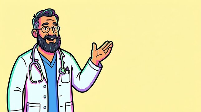 Approachable Bearded Physician Cartoon with Stethoscope, Guiding and Explaining Healthcare