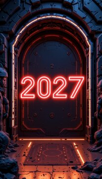 Sci fi virtual reality portal concept displaying luminescent neon 2027 text logo