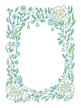 Whimsical floral frame with hand-drawn flowers and leaves, spring border, decorative element