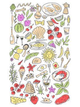 Doodle Food Collage Fresh Ingredients, Meals, and Summer Vibes