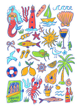 Summer Beach Vacation  Mediterranean Food Icons - Mermaid, Lobster, Sardines, Cocktail