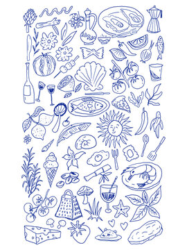 Hand-Drawn Food  Drink Icons Italian Cuisine, Fruits, Vegetables, Seafood  Desserts