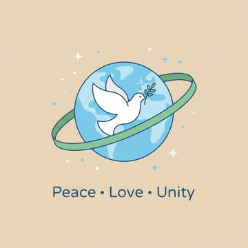 Peaceful dove carrying olive branch orbiting earth globe with ring, harmony and unity slogan, retro style vector illustration design template for social media and branding