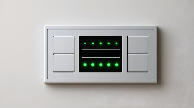 Modern minimalist wall mounted control panel with illuminated green LED indicators and tactile push buttons for smart home automation