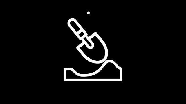 Simple line art animation of a shovel digging into soil, representing gardening and construction