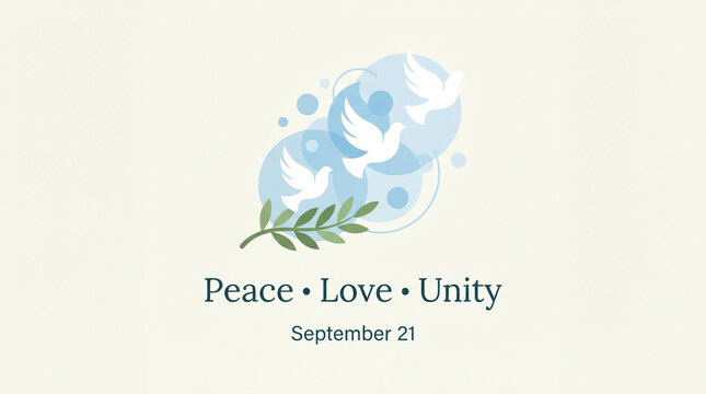 International Day of Peace, Love, and Unity, September 21 Concept; White Dove with Olive Branch Graphic; Calm Blue and Beige Background; Serene Symbolism Design