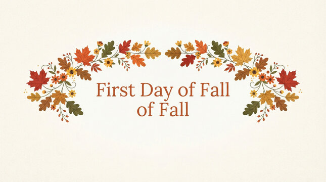 First Day of Fall text label with autumn leaf wreath, seasonal floral banner design, vector graphic of maple leaves and yellow flowers for seasonal greeting cards