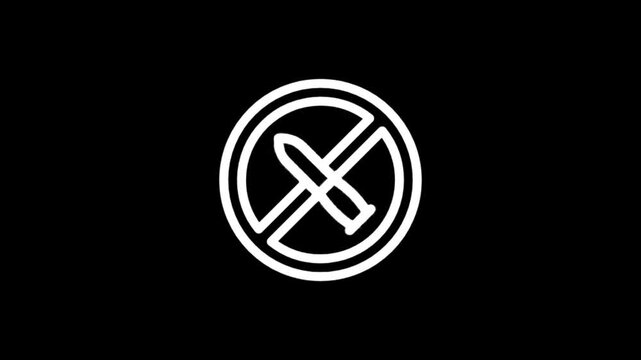 Animated white symbol of prohibition against violence and weapons on black background