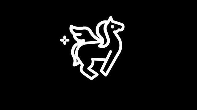 Animated white pegasus icon with wings and a star on black background