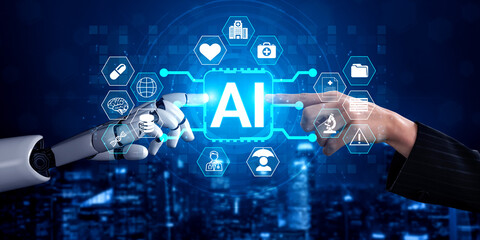 Obraz premium Human and Robot Collaboration in Artificial Intelligence Technology with Hands Reaching Towards AI Interface in Futuristic Digital Environment. Sentient.