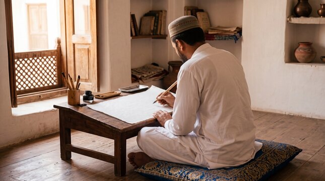 Pakistani calligrapher writing with reed pen qalam on paper studio back view lifestyle
