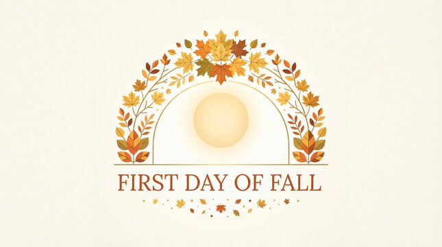 First Day of Fall graphic design template. Autumn leaf arch frame illustration. Vintage seasonal header with text. Elegant autumn composition for invitation, poster, card.