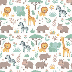 Naklejka premium Seamless Pattern With Cute Safari Animals And Tropical Plants For Kids. EPS Editable. Vector Illustrations.