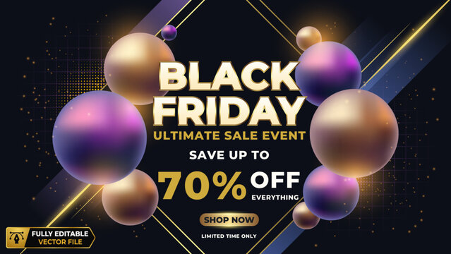 Black friday ultimate sale event banner. golden text with spheres background. premium promotional discount advertisement. cyber monday marketing template discount promotion typography shopping