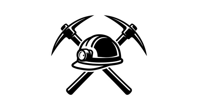 Black and white illustration of a miner hard hat with a headlamp and two crossed pickaxes for mining industry logo