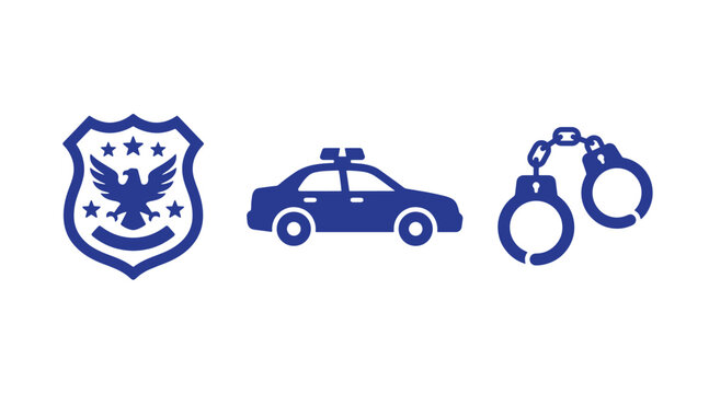 Blue monochromatic icons set representing legal security themes featuring a police crest with an eagle a squad car and metal handcuffs enforcement security authority