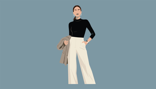 Elegant and stylish woman posing in high waisted trousers and a black turtleneck against a blue background.