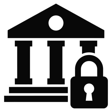 Bank Building Security Icon, Secure Padlock, Financial Protection, Banking Safety, Investment, Monetary Guarantee, and Business Security Symbol, Vector, Designs