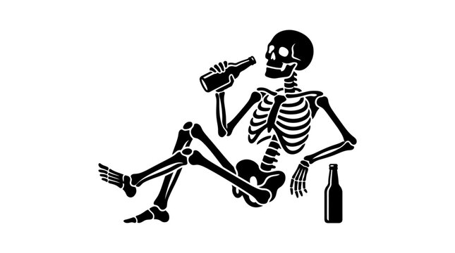 A black human skeleton sitting down and drinking from a glass beer bottle with another bottle resting on the floor