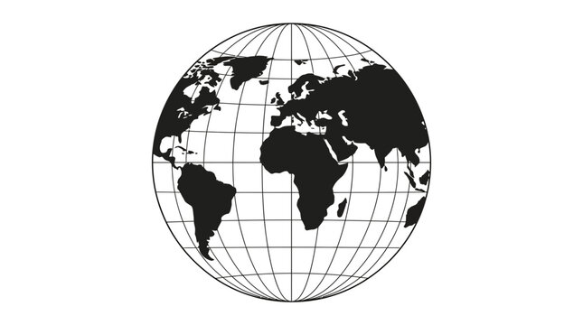 Black and white globe icon showing world map with latitude and longitude grid lines