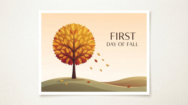 First Day of Fall Poster, Autumn Tree Illustration, Orange Leaves Vector Art, Seasonal Background, Greeting Card Design