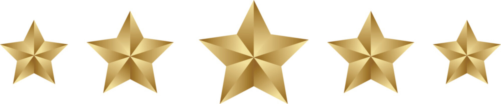Shiny golden metallic gradient five star rating icon set. realistic customer review and quality feedback score symbols
