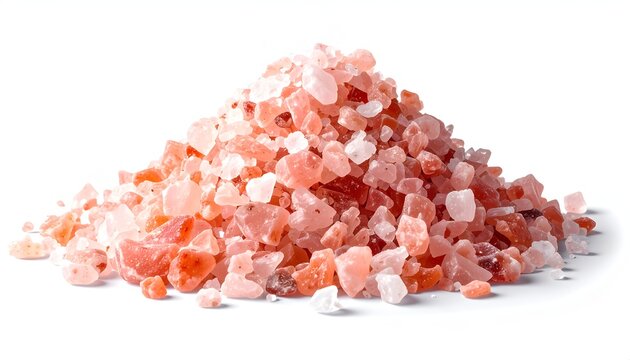 A clean mound of coarse pink Himalayan crystal mineral rock salt on white background